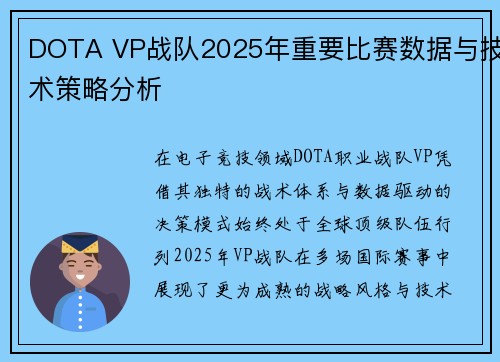 DOTA VP战队2025年重要比赛数据与技术策略分析